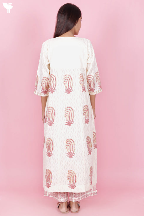 Jacquard Cotton Kurta Pant And Silk Dupatta Set In Block Print